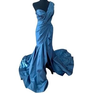 Tarik Ediz Ashy Blue One Taffeta Shoulder Ruffle Margret Gown Dress size US 4
